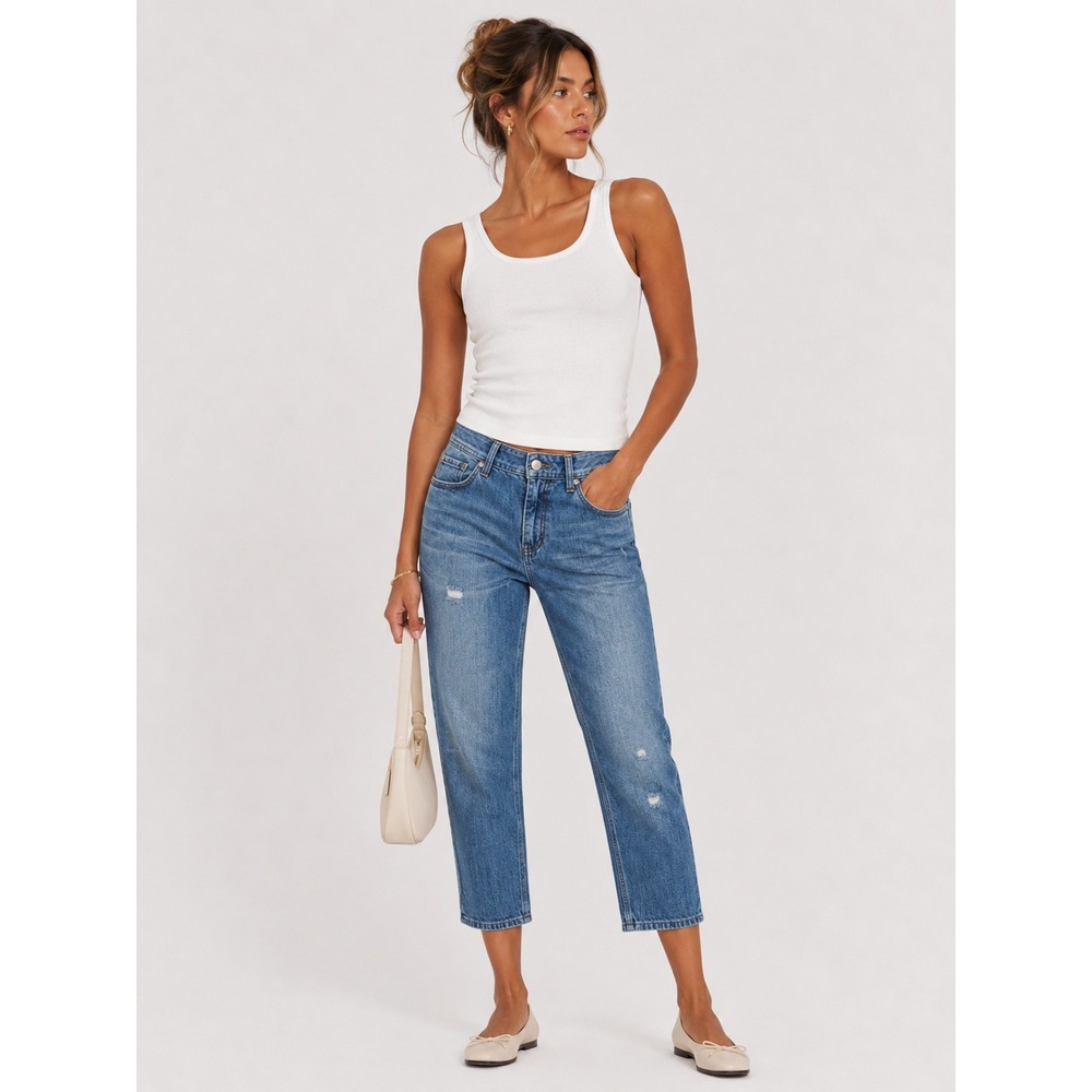 Elle Marne Wash Straight Leg Distressed Blue Denim Crop Jeans Size 4 S NWT New